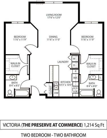 Floor plan for 2 beds, 2 baths, 1214 sqft