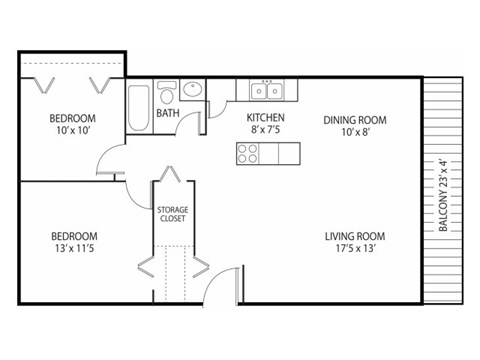 Floor plan for 2 beds, 1 bath, 850 sqft