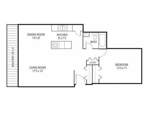 Floor plan for 1 bed, 1 bath, 750 sqft