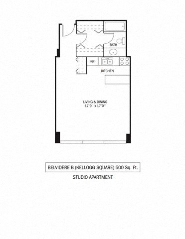 Floor plan for studio, 1 bath, 500 sqft
