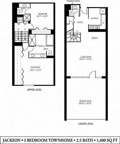 Floor plan for 2 beds, 2 baths, 1400 sqft