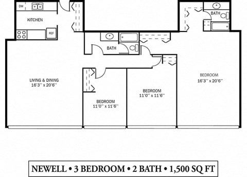 Floor plan for 3 beds, 2 baths, 1500 sqft