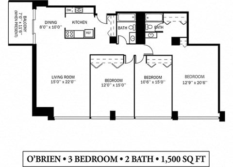 Floor plan for 3 beds, 2 baths, 1500 sqft