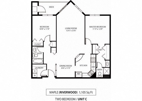 Floor plan for 2 beds, 2 baths, 1105 sqft
