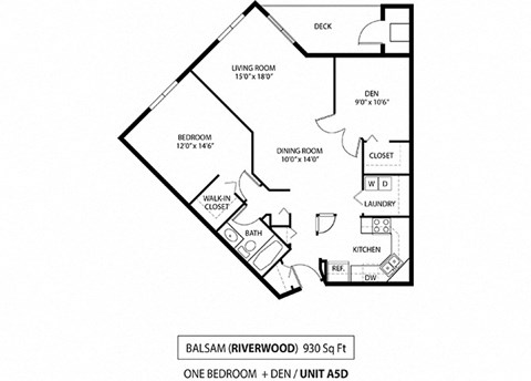 Floor plan for 1 bed, 1 bath, 930 sqft
