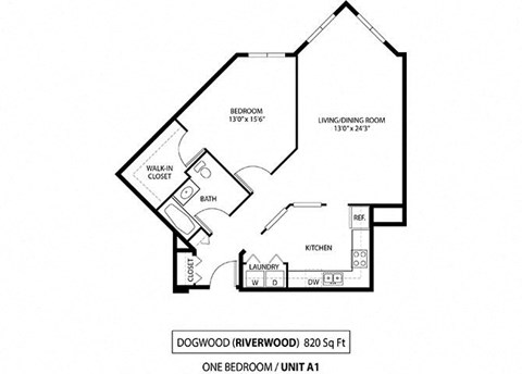 Floor plan for 1 bed, 1 bath, 820 sqft