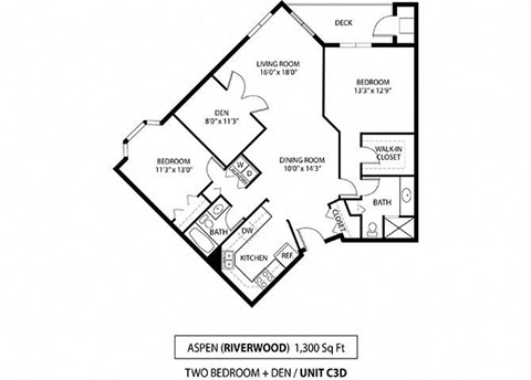 Floor plan for 2 beds, 2 baths, 1300 sqft