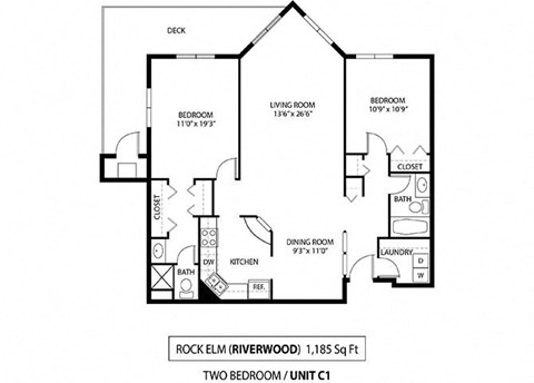 Floor plan for 2 beds, 2 baths, 1185 sqft
