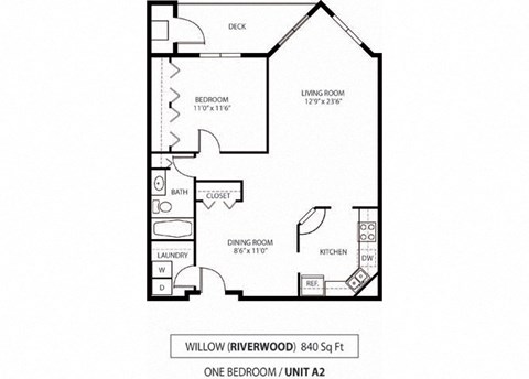Floor plan for 1 bed, 1 bath, 840 sqft