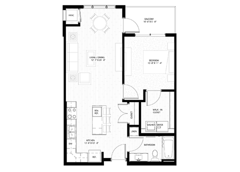 Floor plan for 1 bed, 1 bath, 688 sqft
