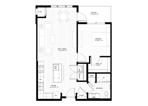 Floor plan for 1 bed, 1 bath, 698 sqft