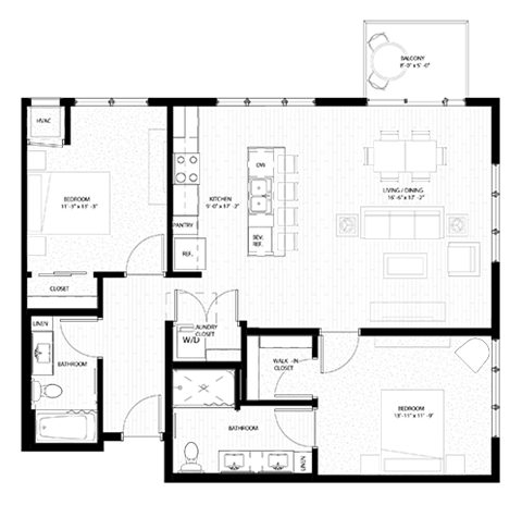 Floor plan for 2 beds, 2 baths, 1057 sqft
