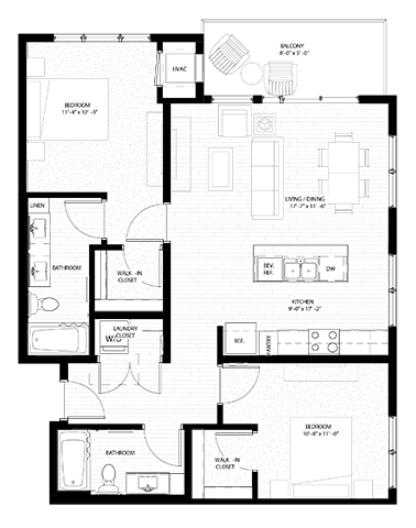 Floor plan for 2 beds, 2 baths, 978 sqft