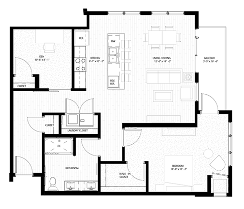 Floor plan for 1 bed, 1 bath, 1058 sqft