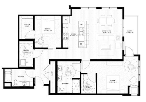 Floor plan for 1 bed, 2 baths, 1242 sqft