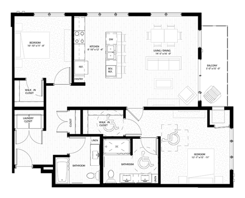 Floor plan for 2 beds, 2 baths, 1154 sqft