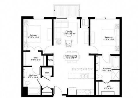 Floor plan for 2 beds, 2 baths, 1092 sqft