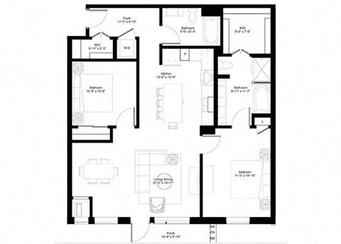 Floor plan for 1 bed, 2 baths, 1208 sqft
