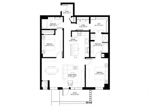 Floor plan for 1 bed, 2 baths, 1265 sqft