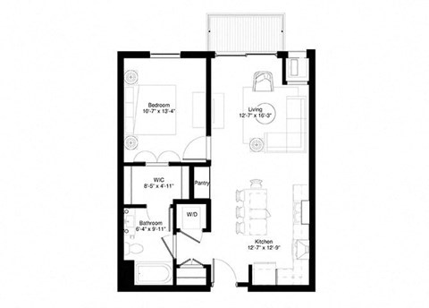 Floor plan for 1 bed, 1 bath, 743 sqft