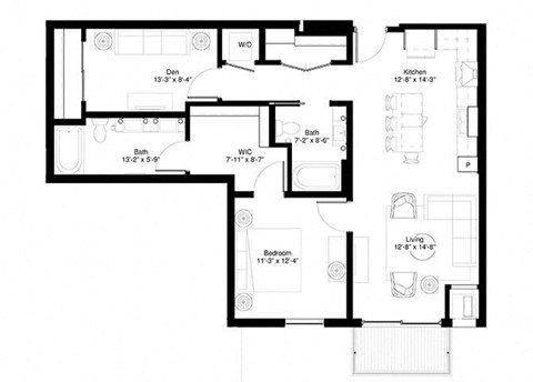 Floor plan for 1 bed, 2 baths, 1047 sqft