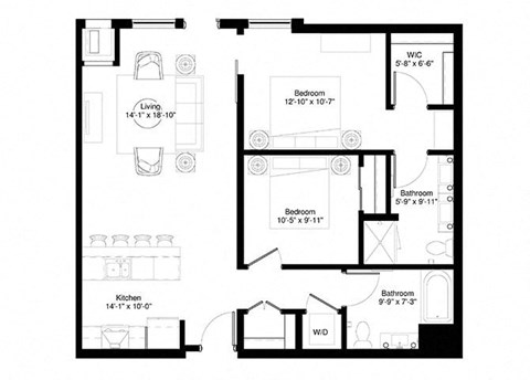 Floor plan for 1 bed, 2 baths, 1029 sqft