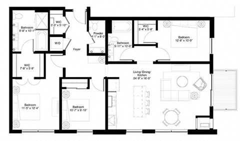 Floor plan for 3 beds, 2.5 baths, 1395 sqft