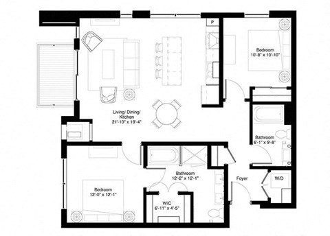 Floor plan for 2 beds, 2 baths, 1127 sqft