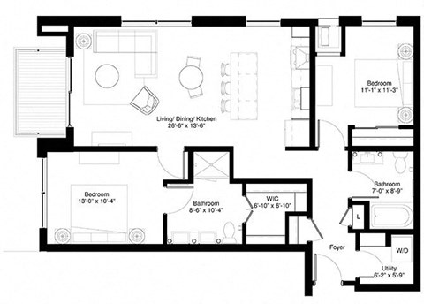 Floor plan for 2 beds, 2 baths, 1091 sqft