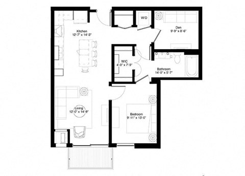 Floor plan for 1 bed, 1 bath, 849 sqft