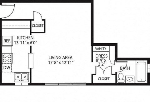 Floor plan for studio, 1 bath, 485 sqft