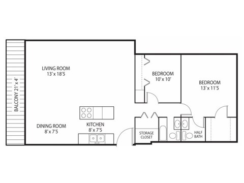 Floor plan for 2 beds, 1.5 baths, 1000 sqft
