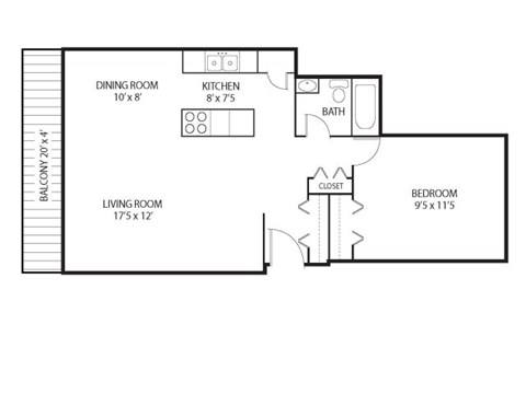 Floor plan for 1 bed, 1 bath, 700 sqft