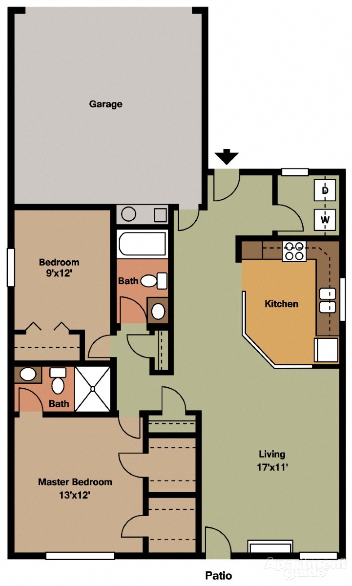 Floor plan for 2 beds, 2 baths, 1024 sqft