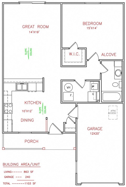 Floor plan for 1 bed, 1 bath, 863 sqft