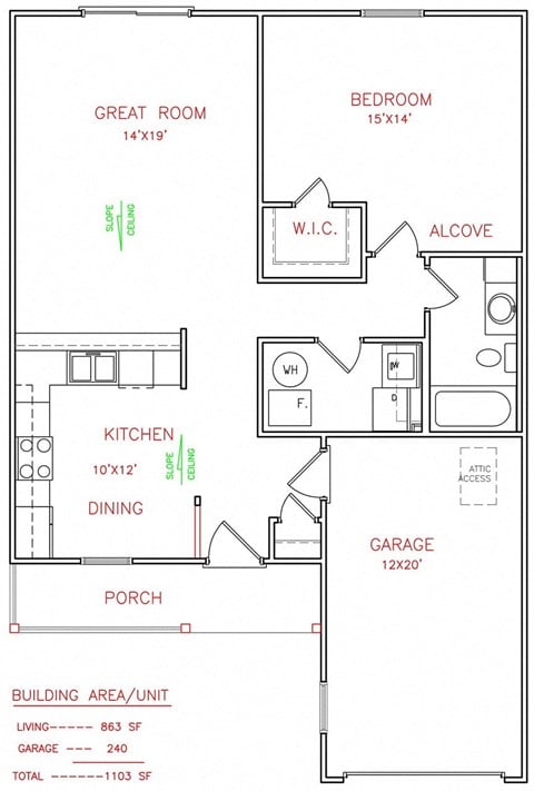 Floor plan for 1 bed, 1 bath, 863 sqft