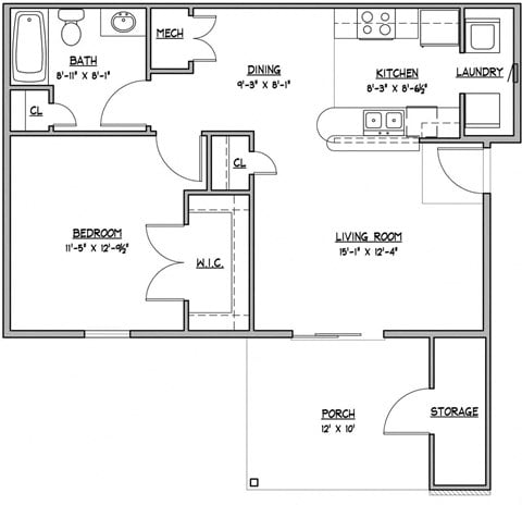 Floor plan for 1 bed, 1 bath, 720 sqft