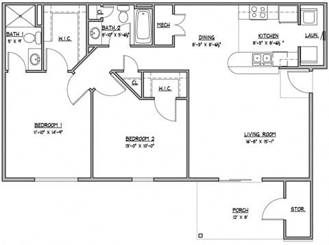 Floor plan for 2 beds, 2 baths, 1079 sqft