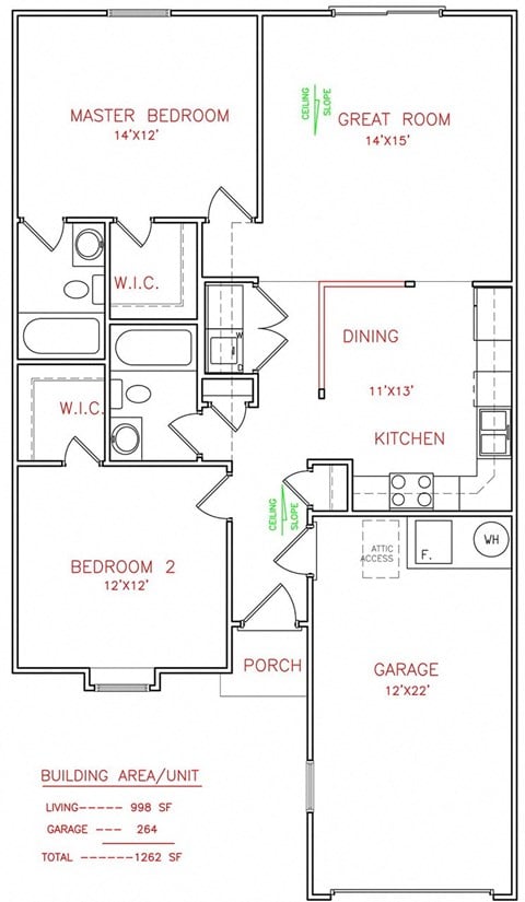 Floor plan for 2 beds, 2 baths, 998 sqft