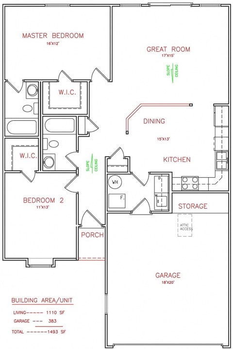 Floor plan for 2 beds, 2 baths, 1110 sqft