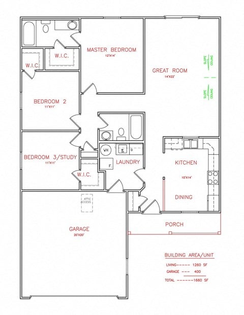 Floor plan for 3 beds, 2 baths, 1260 sqft