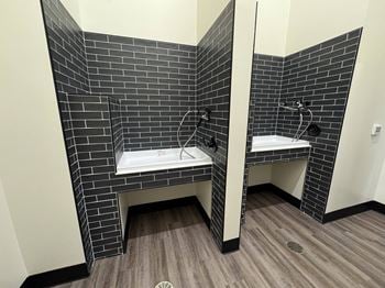 A bathroom with two sinks and a mirror.