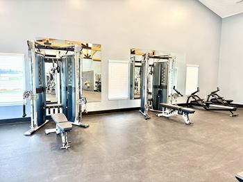 A gym with a row of squat racks and a bench.