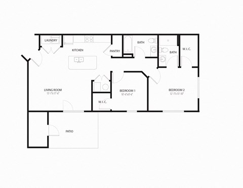 Floor plan for 2 beds, 2 baths, 1038 sqft