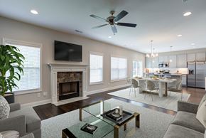 Knoxville townhouse for rent - A modern living room with a fireplace and a television.