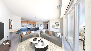 Brookfield apartment for rent - A living room with a grey couch and a coffee table.