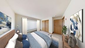 Hales Corners apartment for rent - A bedroom with a bed, two nightstands, and two artworks on the wall.