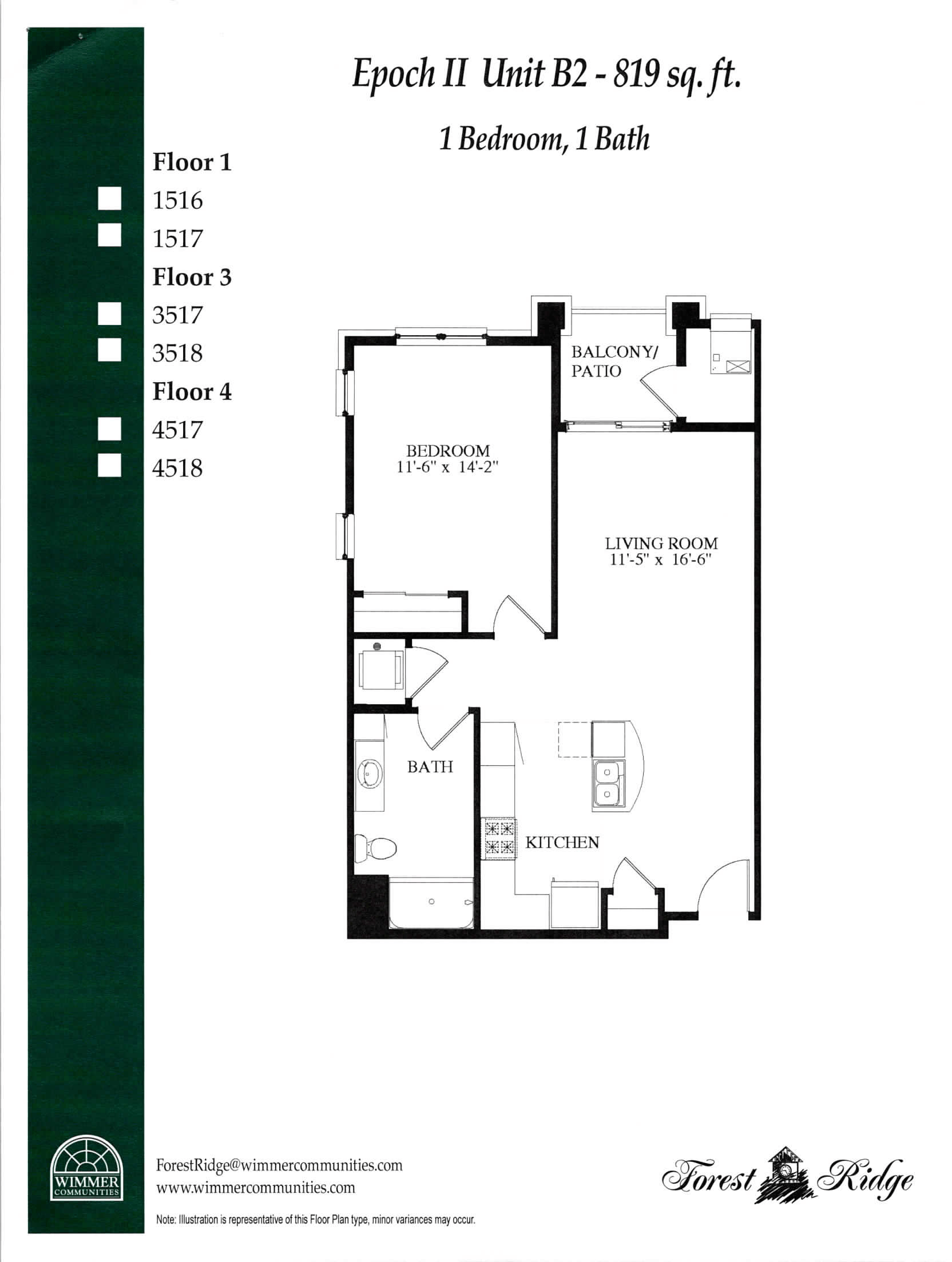 Floor plan for 1 bed, 1 bath, 819 sqft