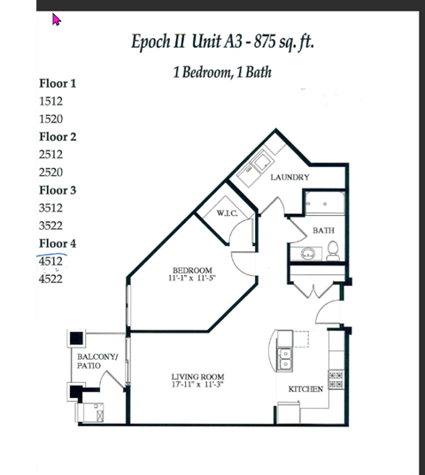 Floor plan for 1 bed, 1 bath, 875 sqft