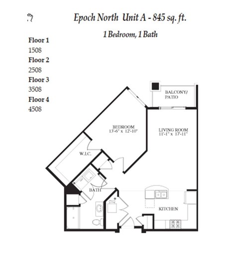 Floor plan for 1 bed, 1 bath, 845 sqft